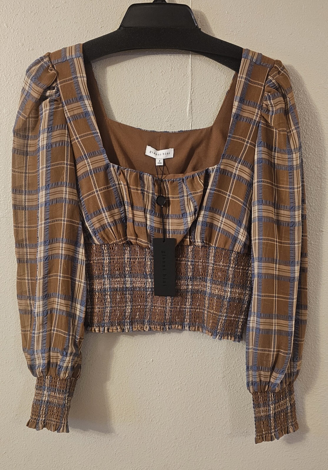Gianni Bini Faye Size 10 Plaid Smocked Square Neck Long Sleeve Blouse NWT L515