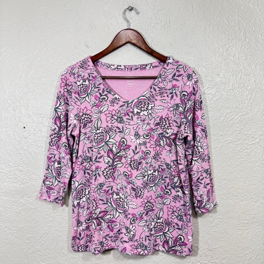 J Jill Top MP 100% Pima Cotton V-Neck Tee Pink Floral Cottage Garden Coastal
