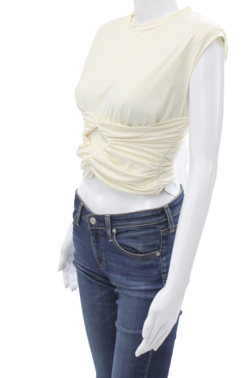 Magda Butrym Womens Cropped Jersey Crew Neck Short Sleeve Top Beige Size 36