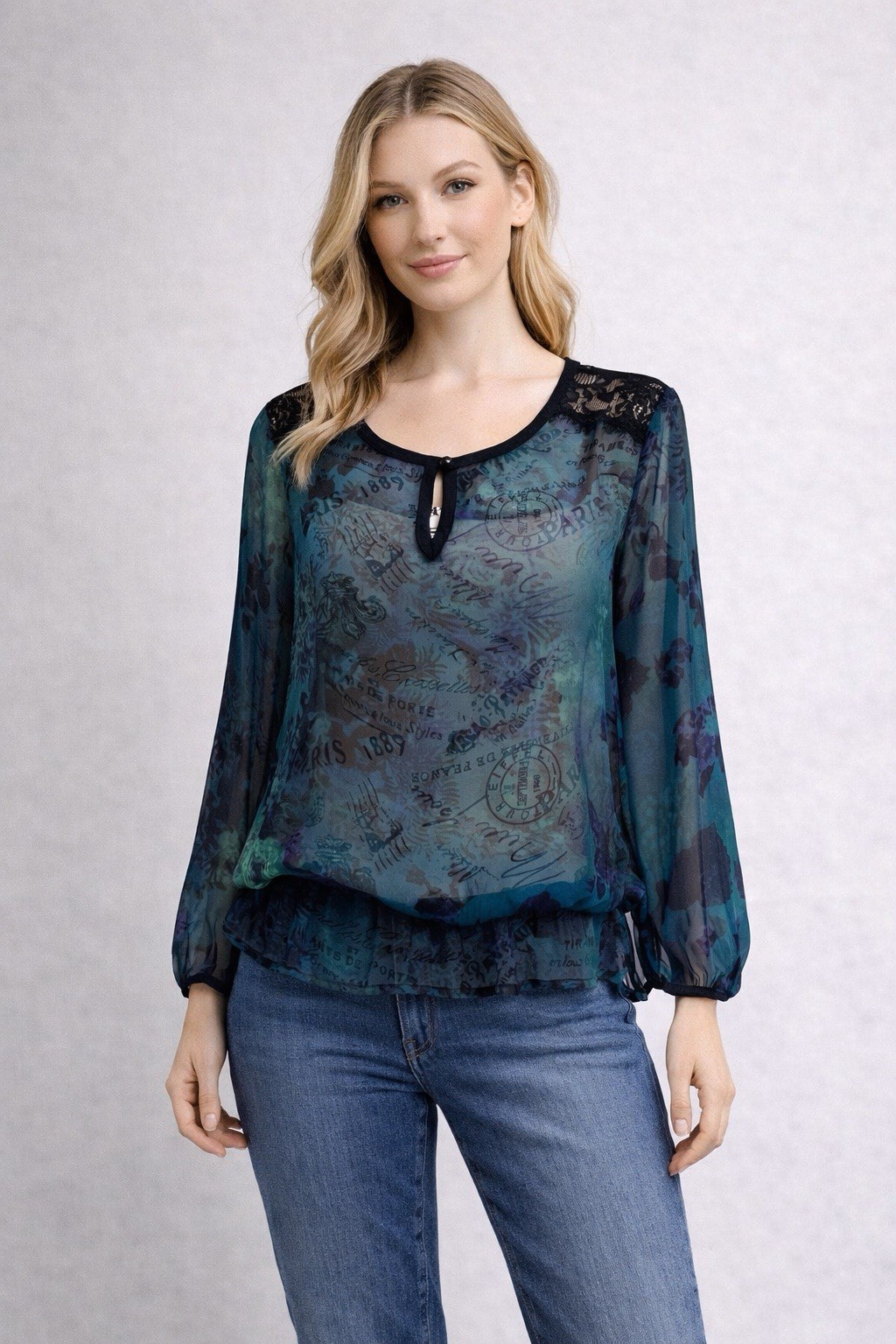 Lily Rose Green Floral Sheer Blouse M Y2K Boho Romantic Lace Trim Peasant Top