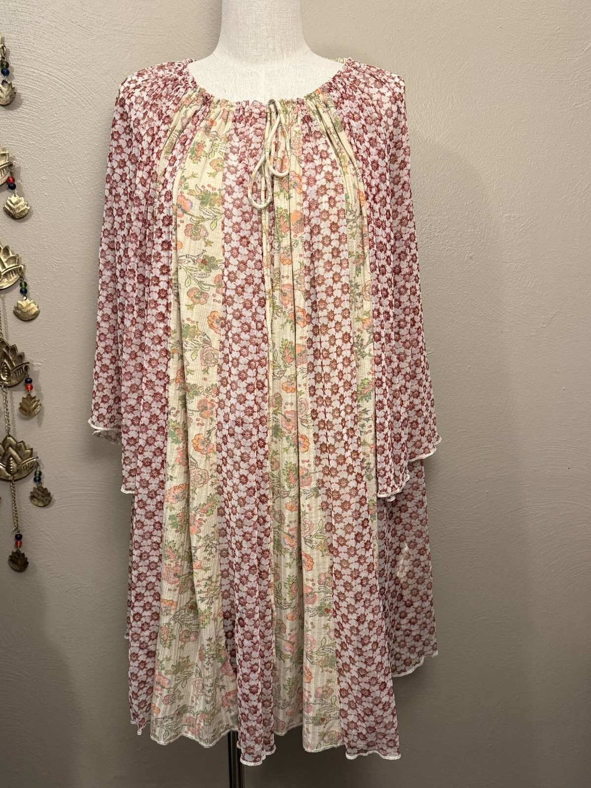 Free People Because I Love You Floral Tie Neck Printed tunic dress Women’s Large