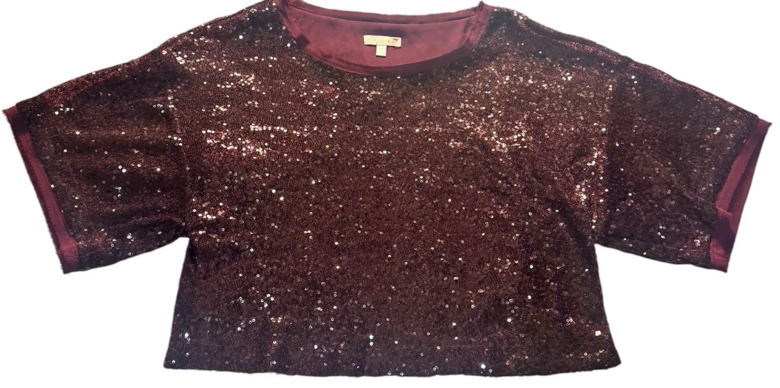 Gianni Bini Women’s Sequin lined formal evening Blouse Top Size Small Retro Wine