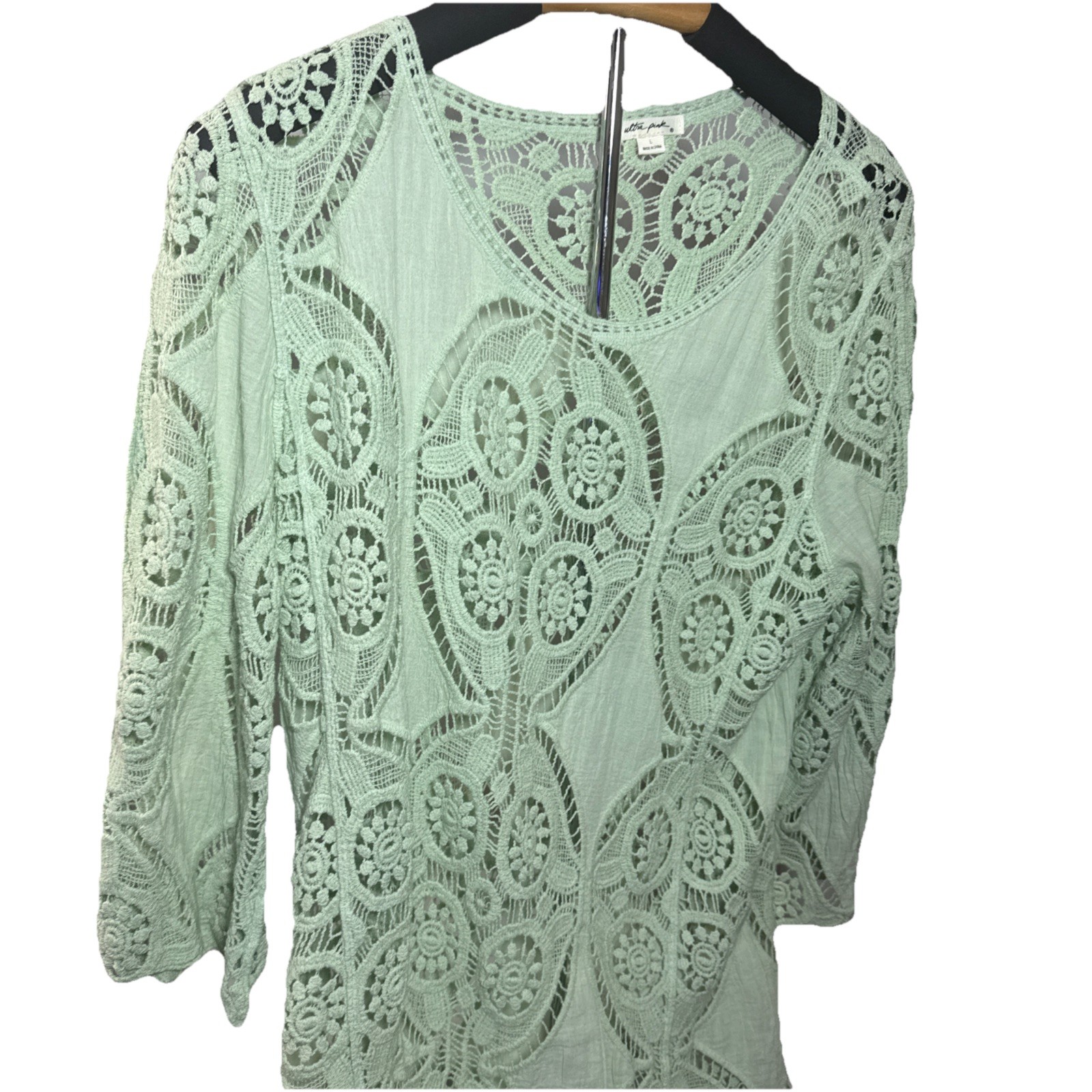 Ultra Pink Crochet sheer 3/4 Sleeve Sheer Lace Tunic Top Mint Green sz Large