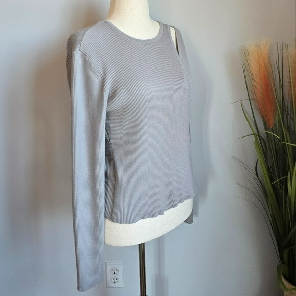 Revolve, 525 America Gray Layered Cut Out Ribbed Wrap Sweater Shirt Size Large
