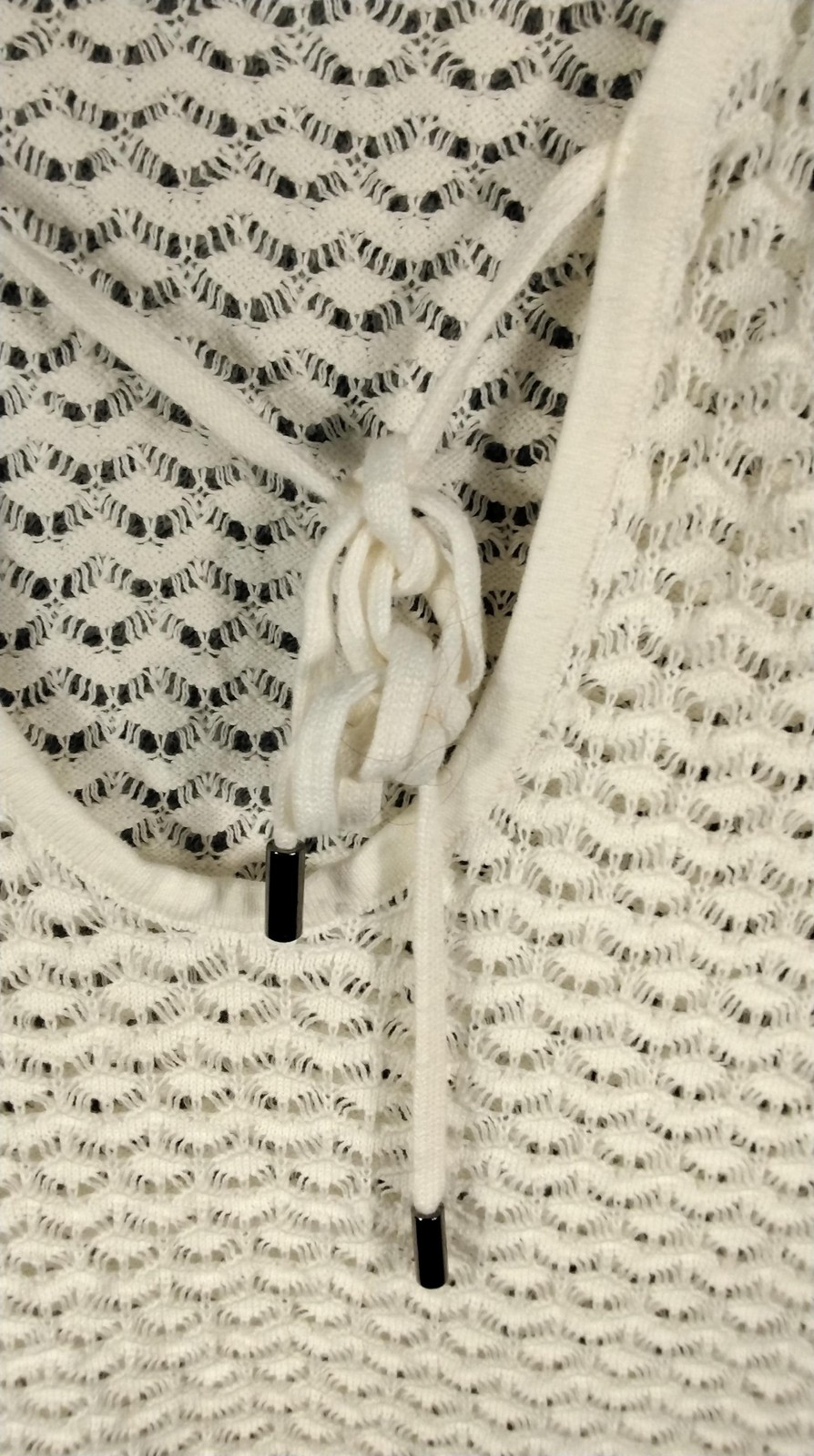 Anrabess Cover Up Womens Small Ivory Open Knit Lace Up Crochet Lightweight Tunic