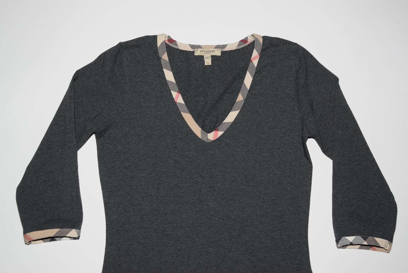AUTHENTIC WOMEN’S BURBERRY BLOUSE NOVA CHECK TRIM STRETCH TOP Sz. S P2P 17″ MINT