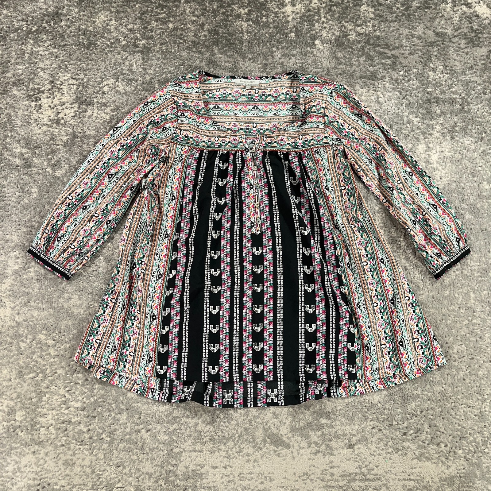 World Market Tunic Blouse Womens Small S Black Pastel Aztec Print Peasant Boho