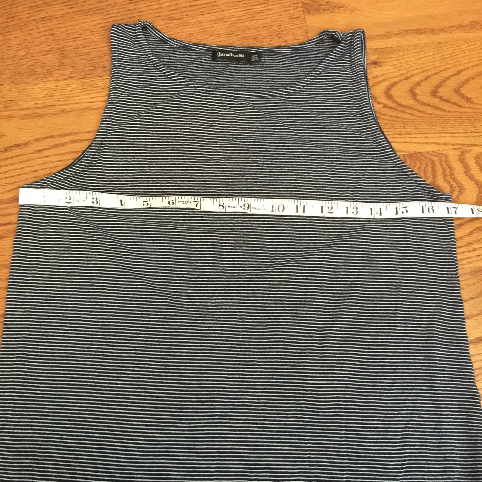 VINTAGE STRADIVARIUS BLUE STRIPE SLEEVELESS RAYON TOP WOMENS M 34″x27″