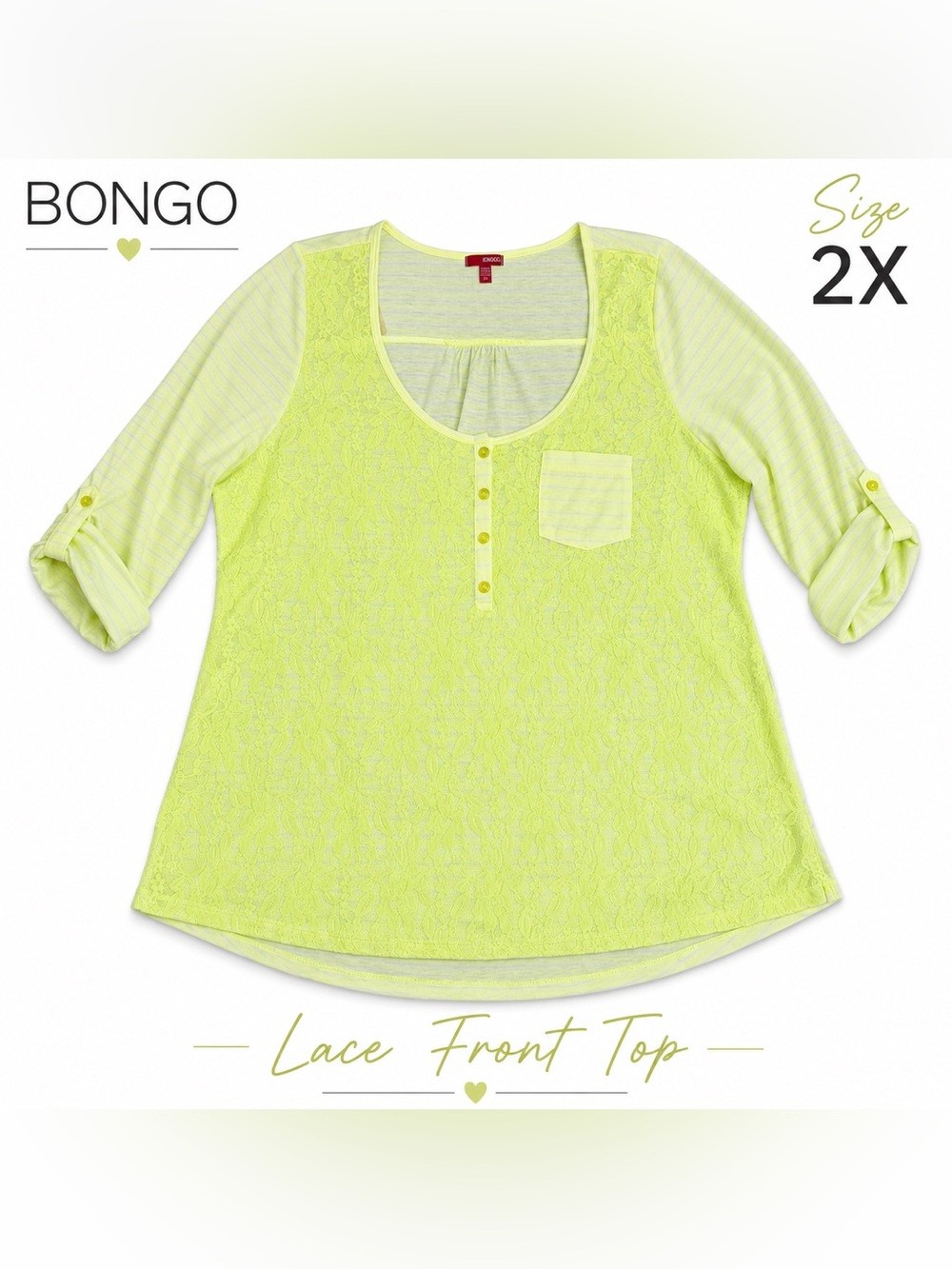 Bongo Neon Yellow Lace Striped Top Size 2X