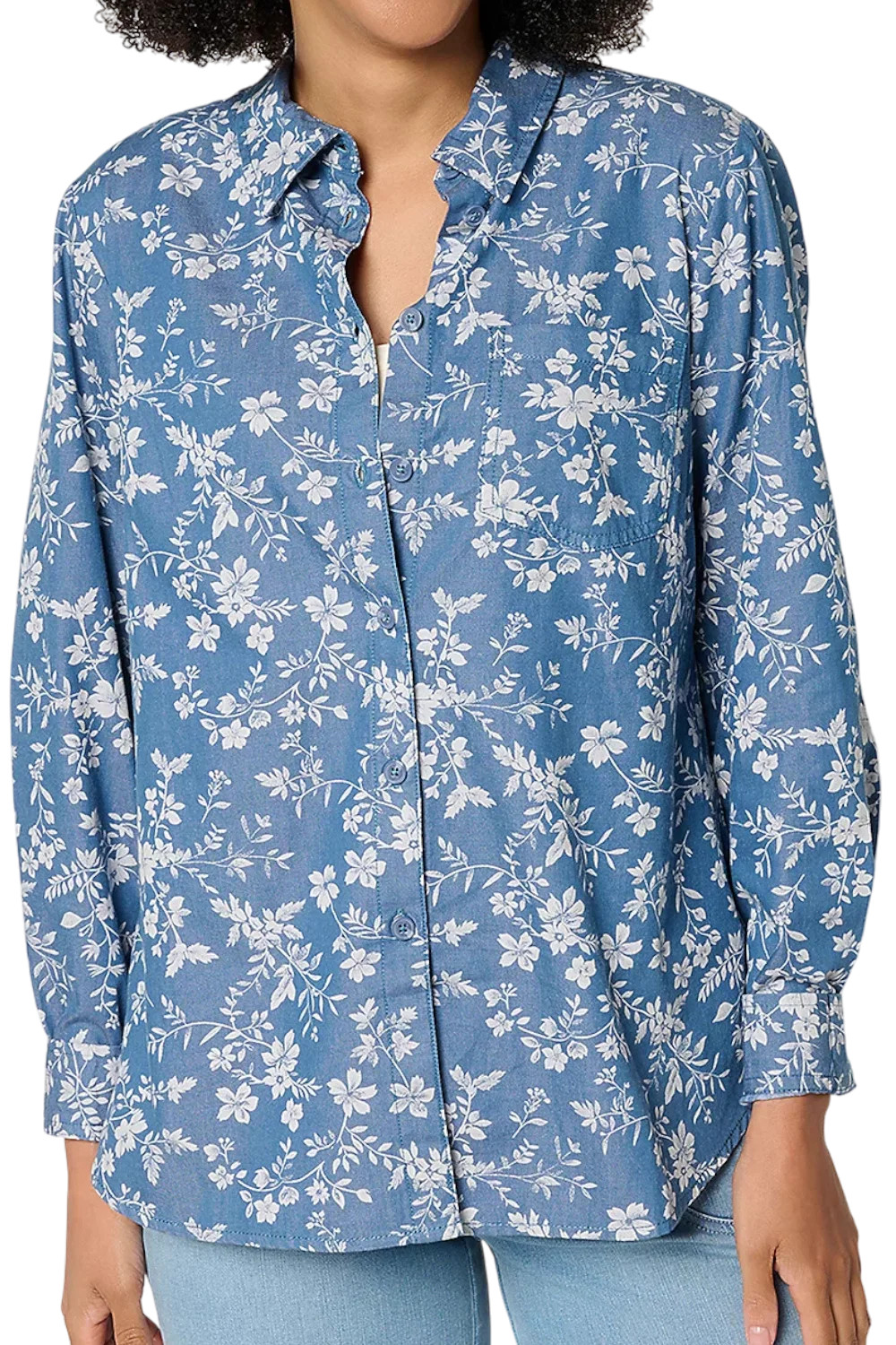 Joan Rivers Women’s Chambray Floral Classic Button Front Shirt Blue