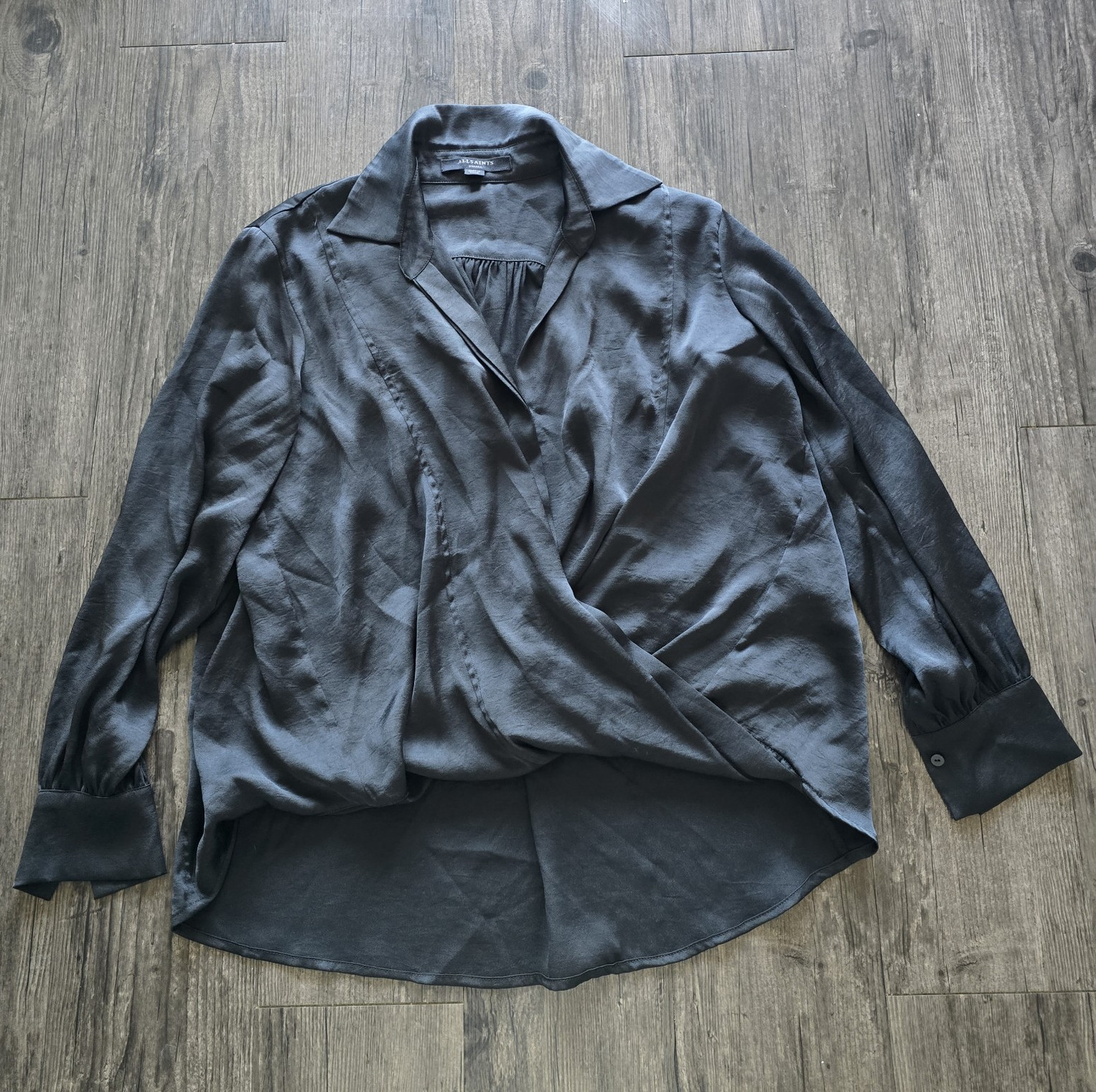 ALLSAINTS Black Satin Collared Long Sleeve Twist Front Blouse S
