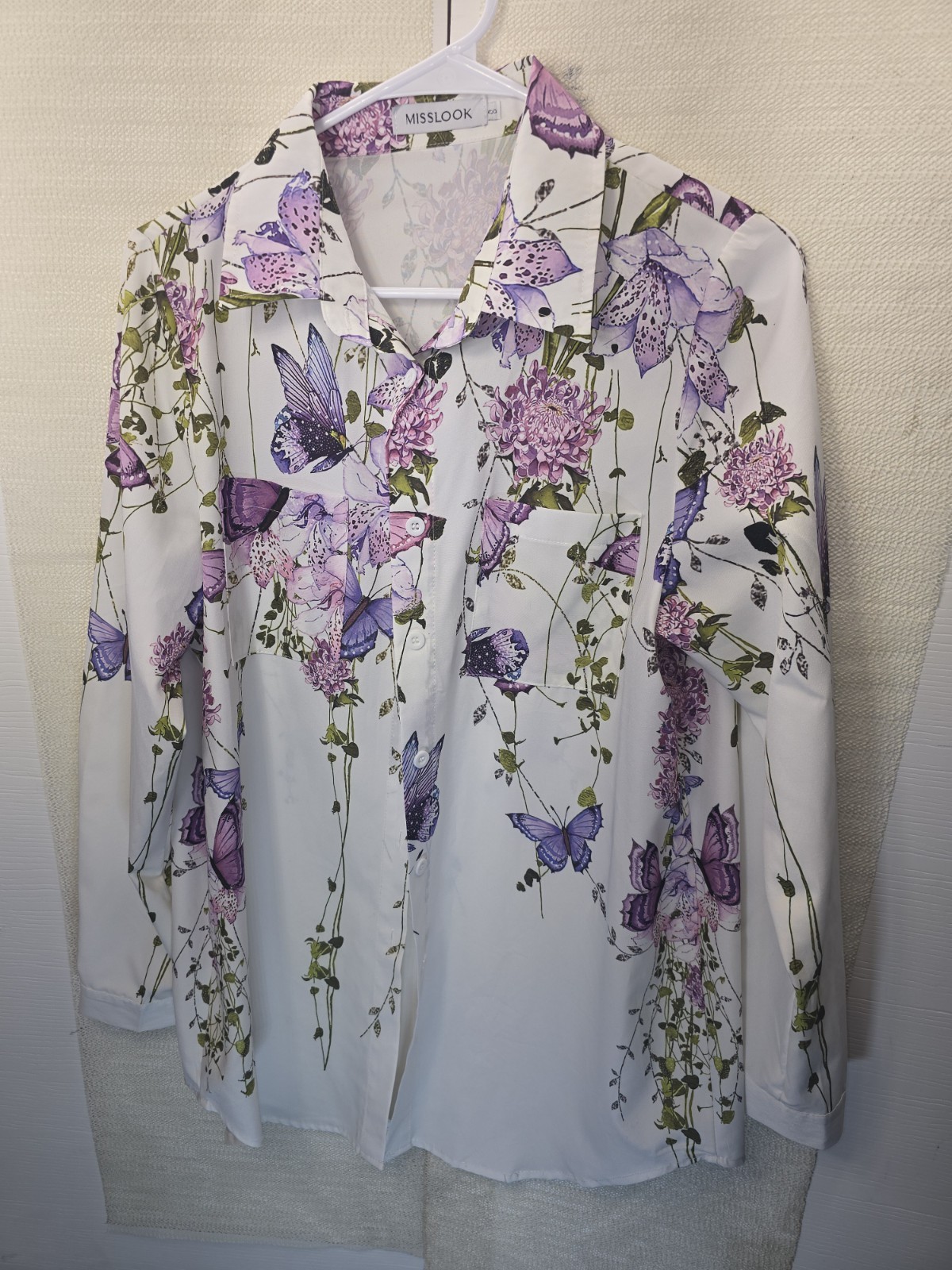 Misslook Womens Small Blouse Button Down Long Sleeve Purple Floral Butterfly