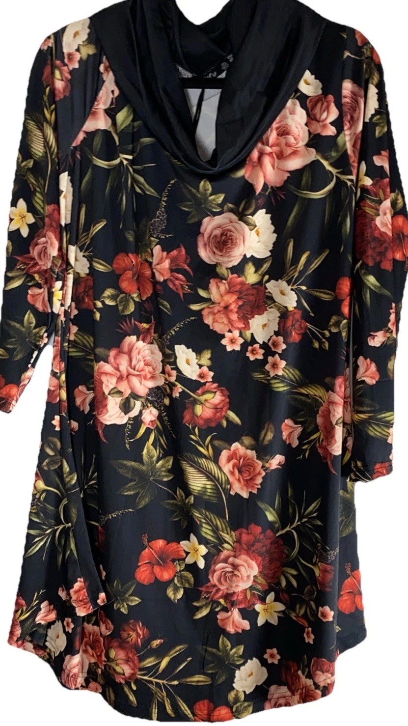 Lilly Dark Floral Tunic Plus 1X Black Roll Neck Cottagecore Garden Party Vacaton