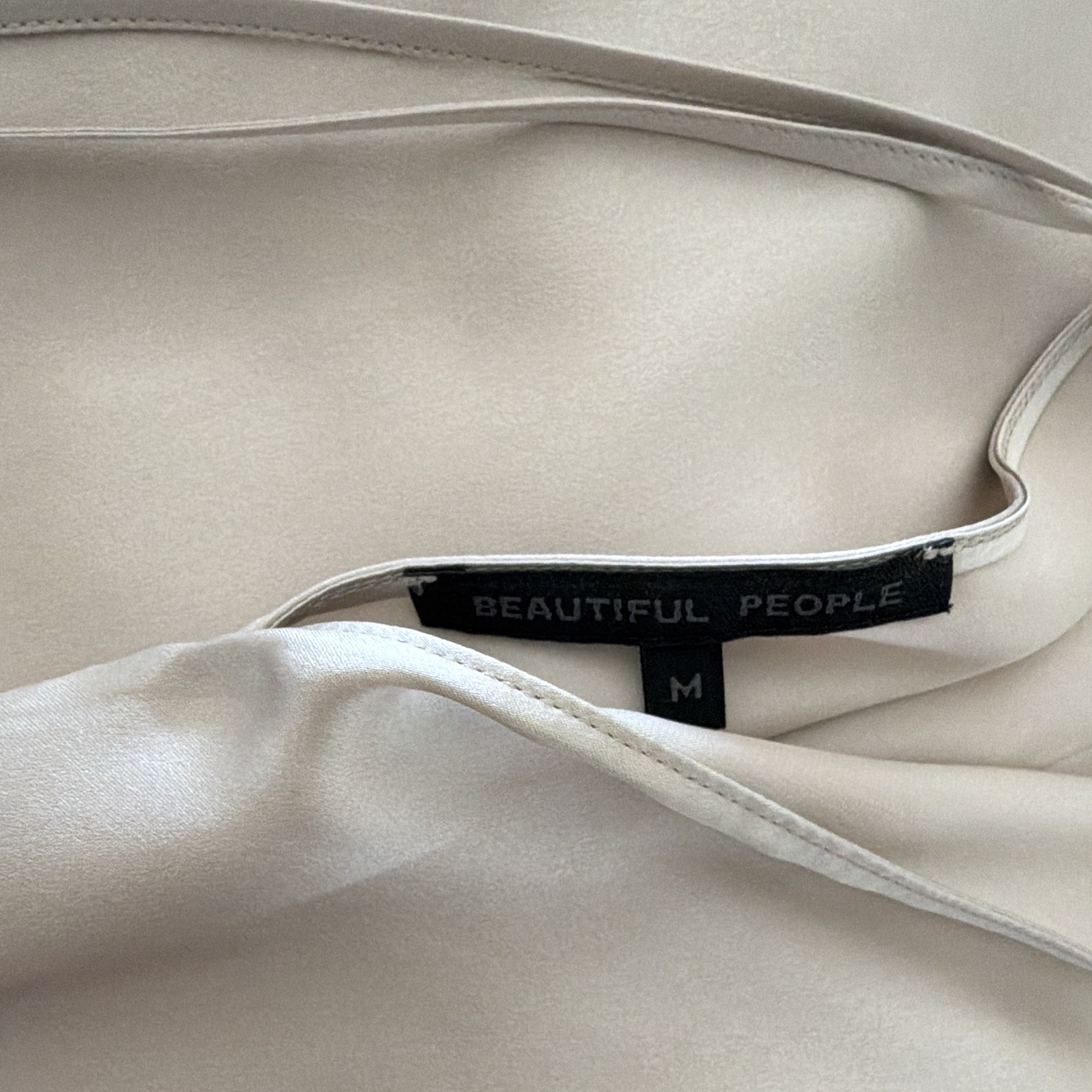 Beautiful People Beige Solid Satin Round Neck Tie Back Sleeveless Blouse Size M