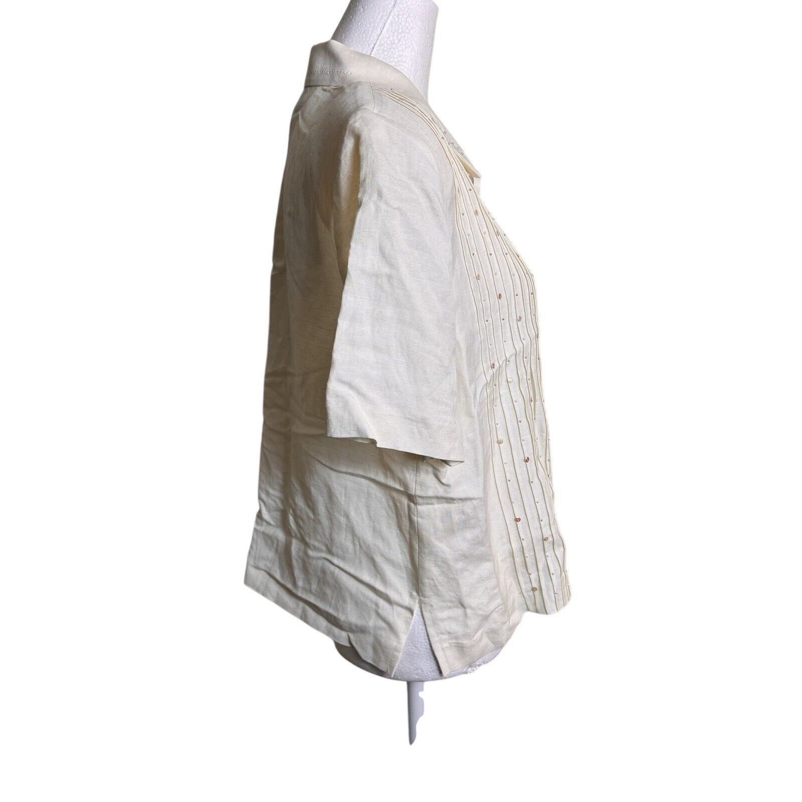 Vintage Positive Attitude Cream Linen Rayon Beaded Pleated Blouse Top Size 10