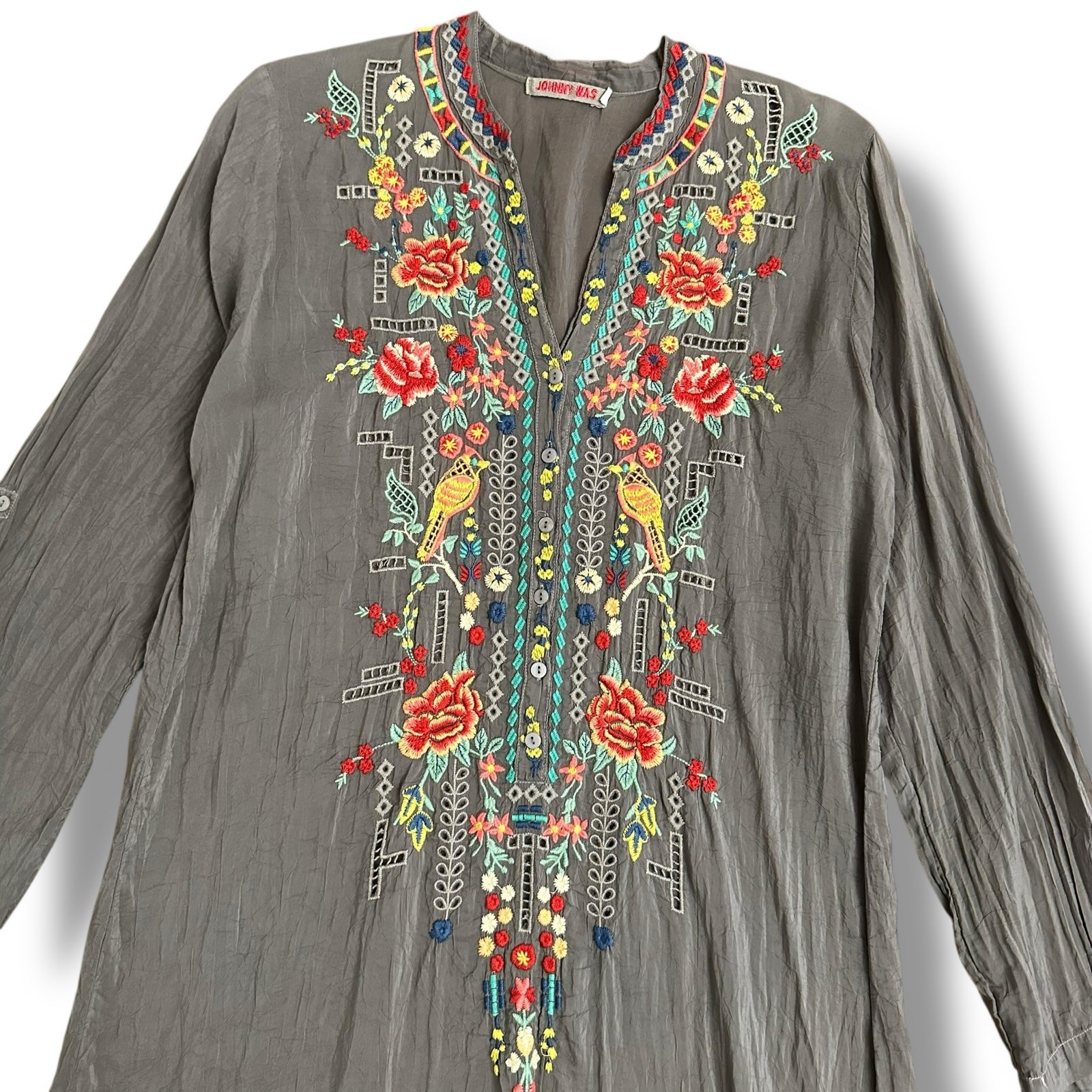 Johnny Was Women’s Tunic Top Small Slate Gray Embroidered Floral Boho Blouse