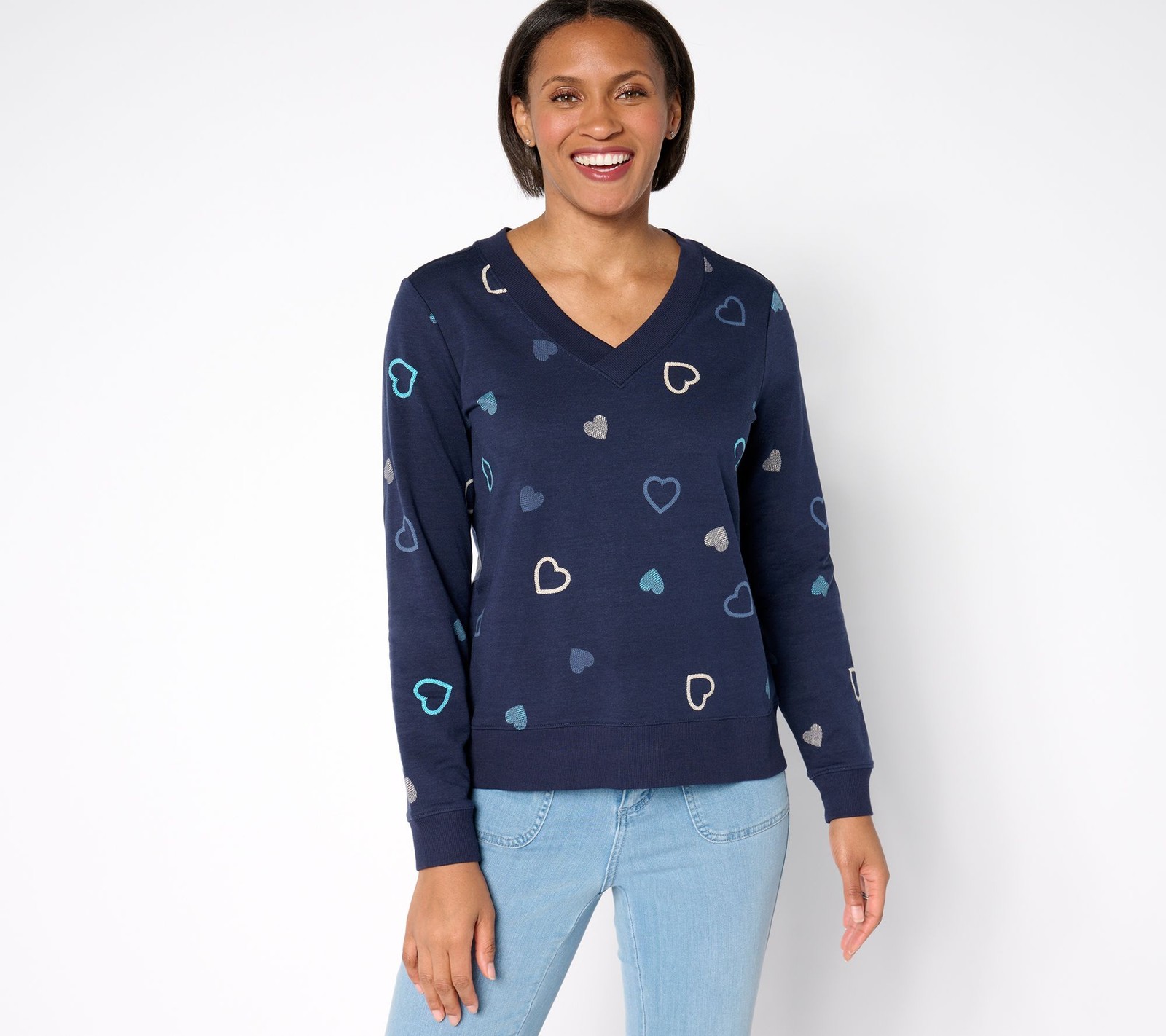 Anybody Women’s Top Sz M Cozy Knit French Terry Heart Printed Blue A675265