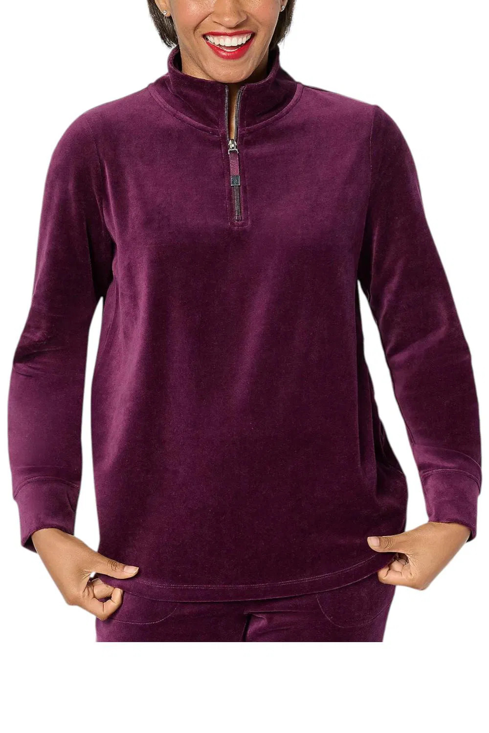 Denim & Co. Active Women’s Velour Quarter Zip Top Deep wine