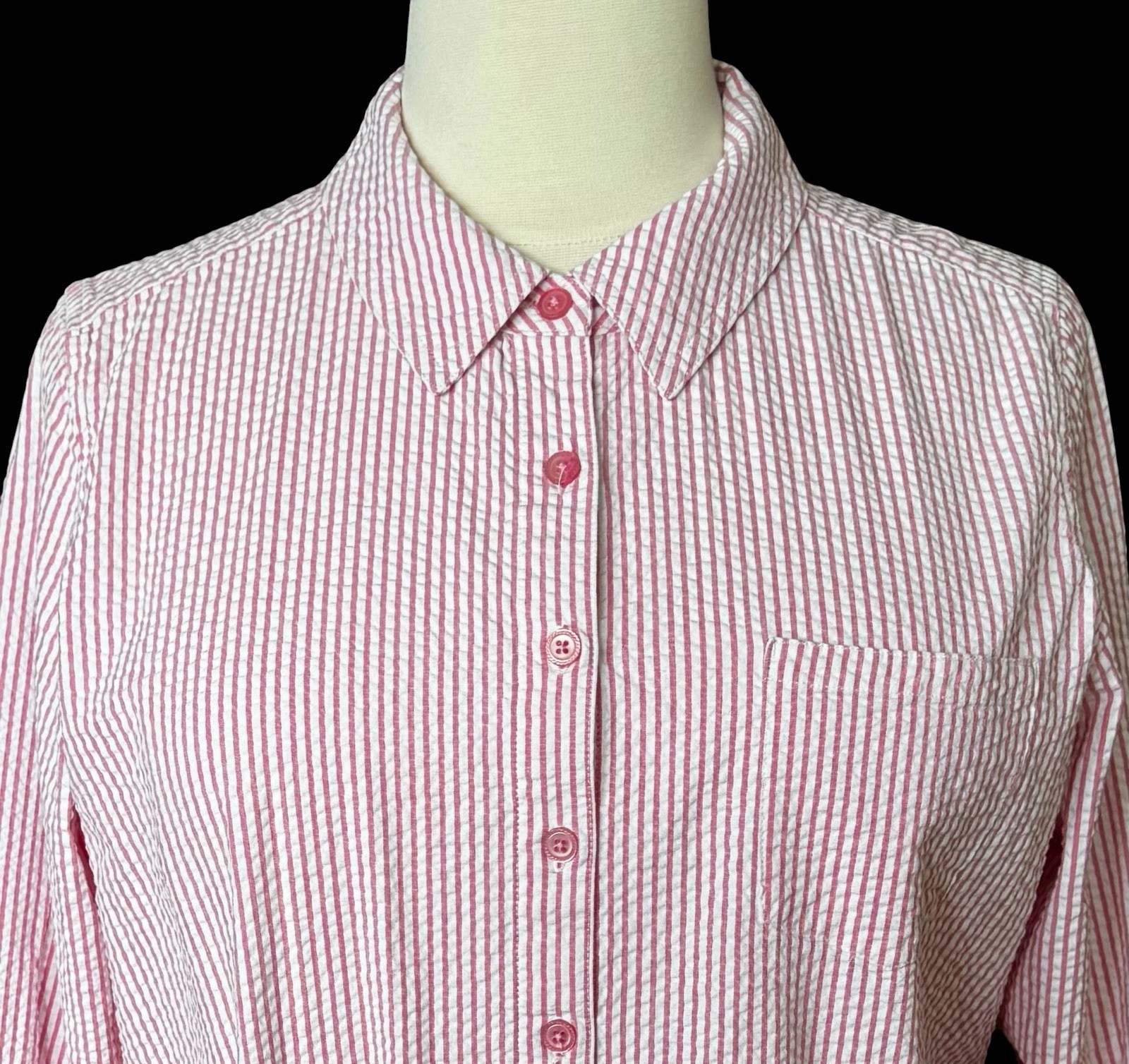 Denim Co Seersucker Button Front Big Shirt Pink White Roll Tab Long Sleeves 1X