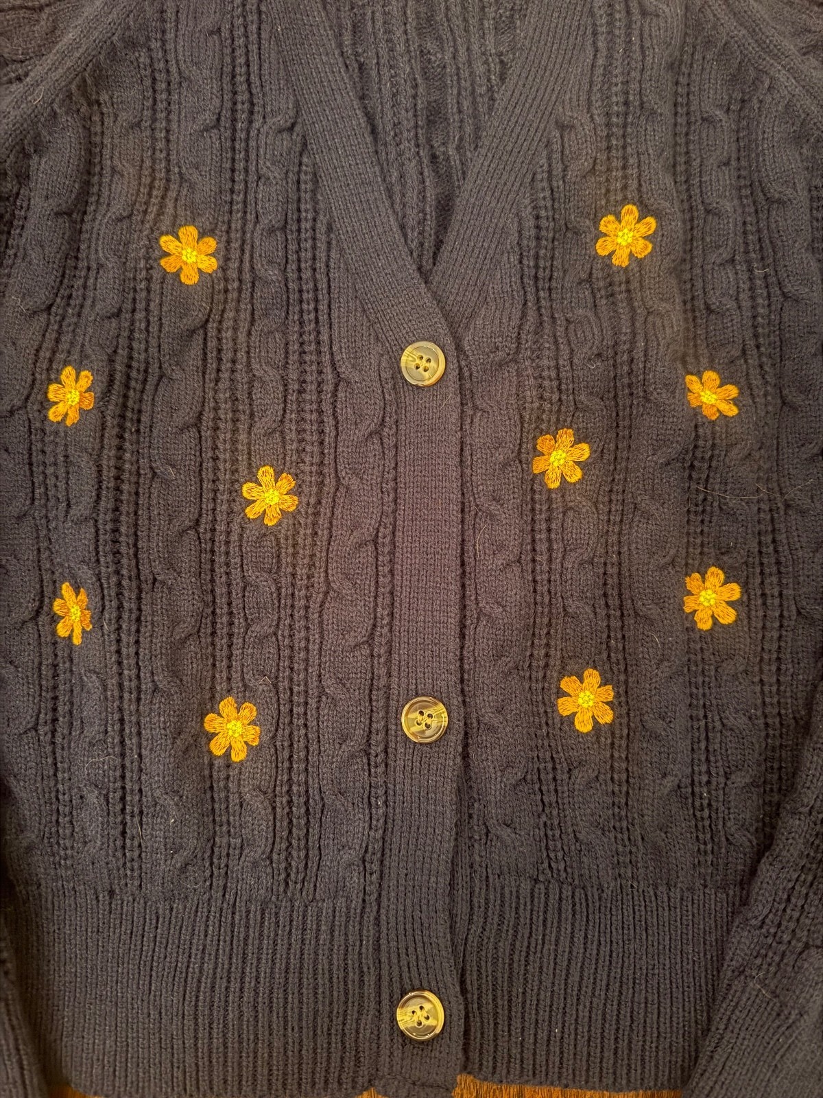 Tidal Nest Navy Cable Knit Cardigan Embroidered Daisy Floral Cotton Size Small
