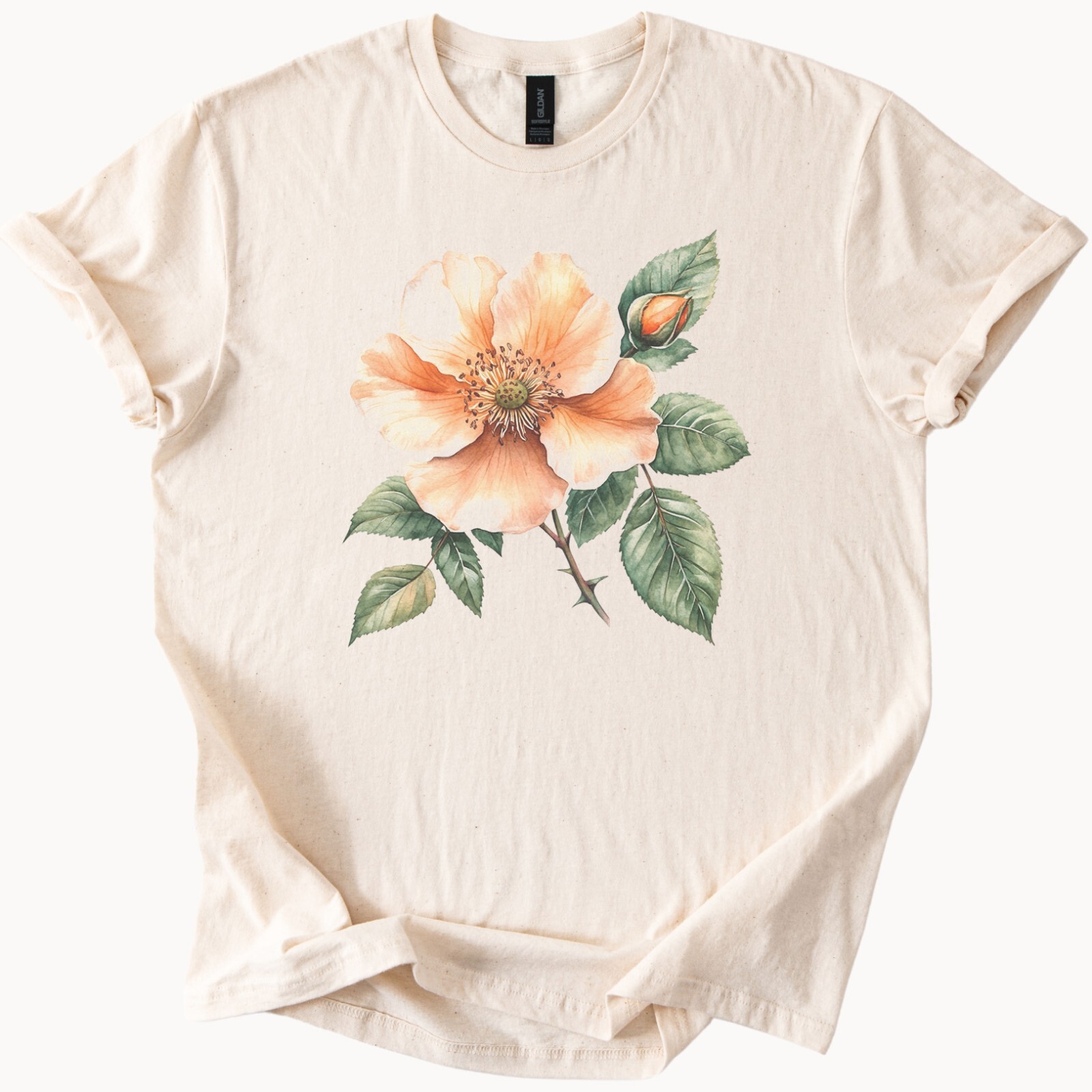 Peach Wild Rose Flower Shirt Watercolor Floral Art Graphic Cream Tee Gift