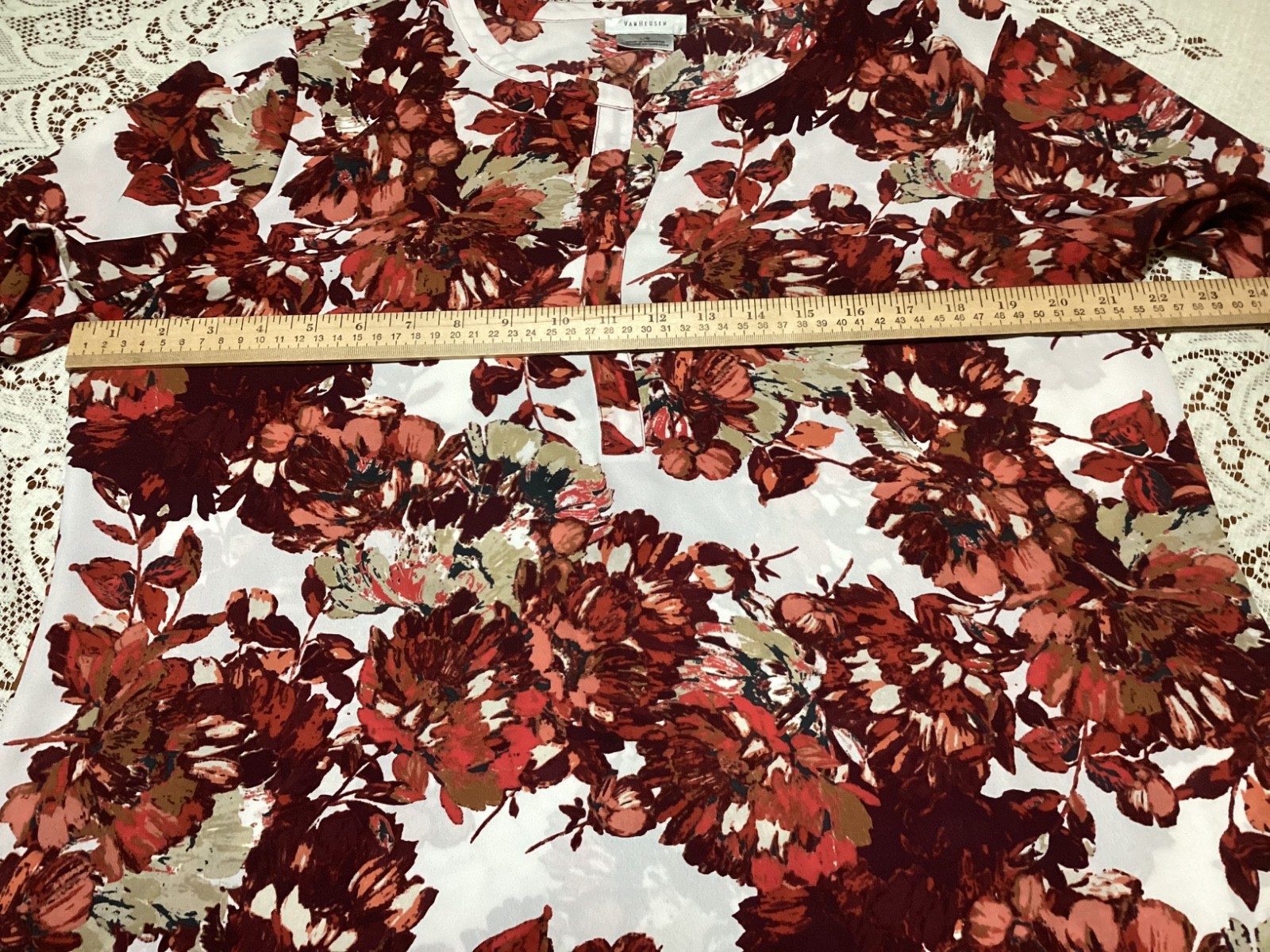 FALL Van Heusen L/XL Tunic Top Floral Leaves Burgandy Orange Brown Adjust Tabs