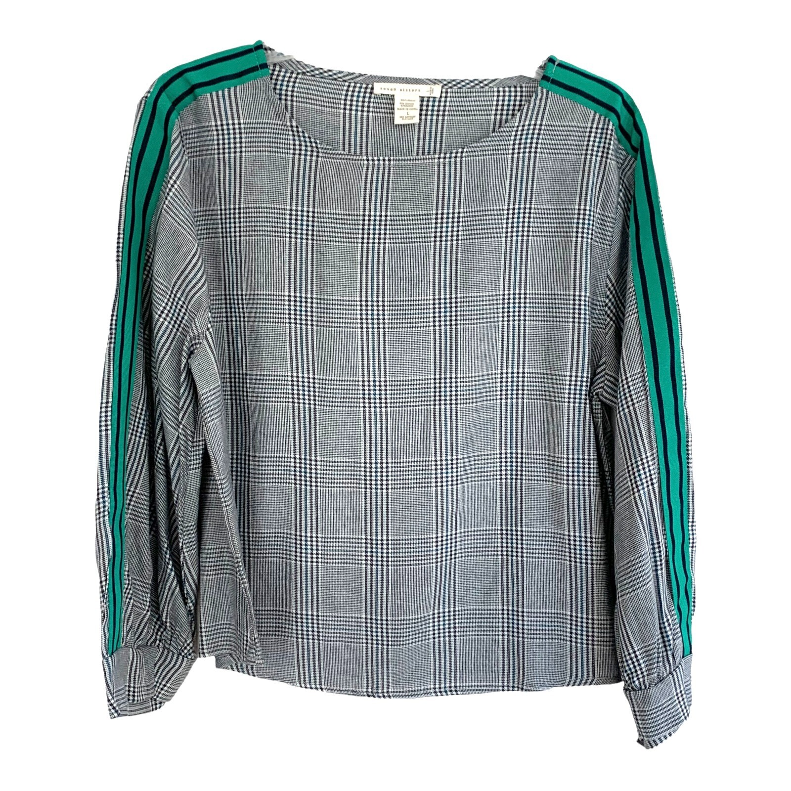 {SEVEN SISTERS} Shirt/Top/Blouse ~L Black/White/Green Check-Striped Casual