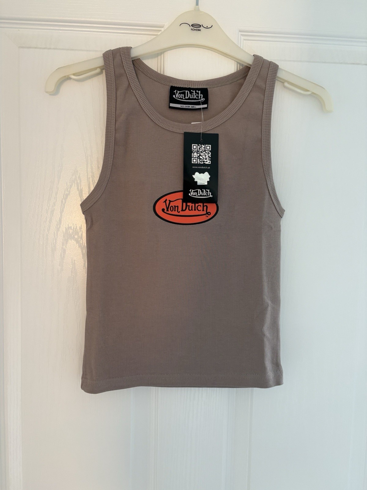 Von Dutch Logo Khaki Green Rib Knit Shrunken Baby Fit Crop Vest Tank Top Size XS