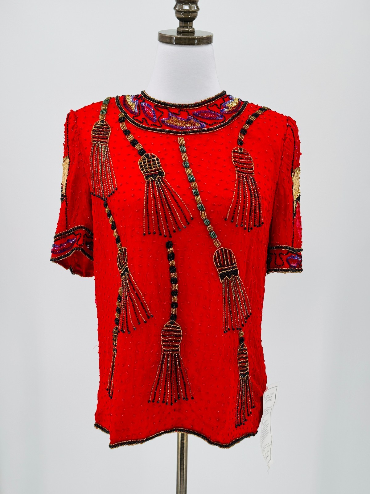 Vintage Laurence Kazar Red Silk Beaded Sequin Tassels Blouse Top Sz M NEW