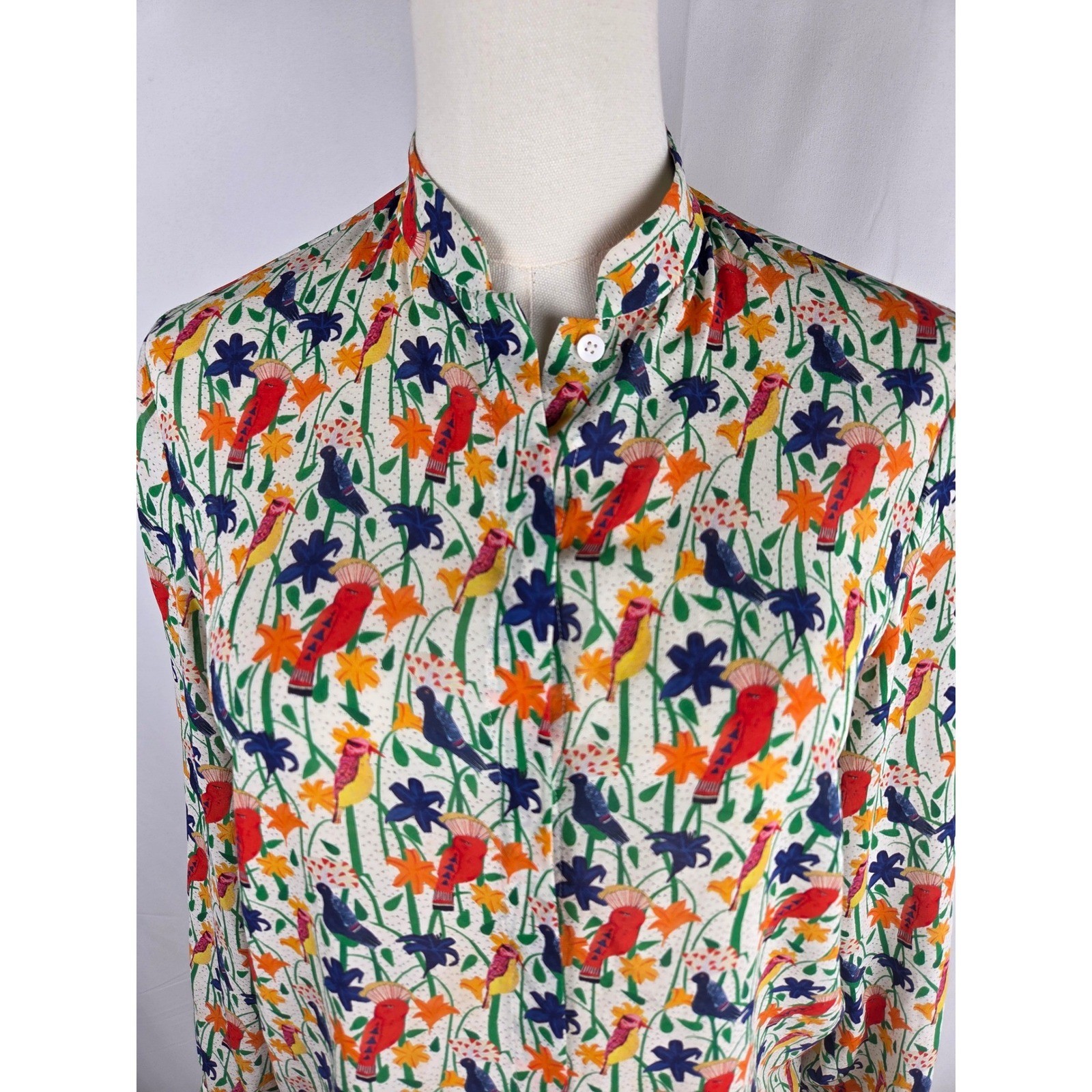 Alice + Olivia Eloise Blouse XS Multi Bird Print Mandarin Collar Silk Whimsical