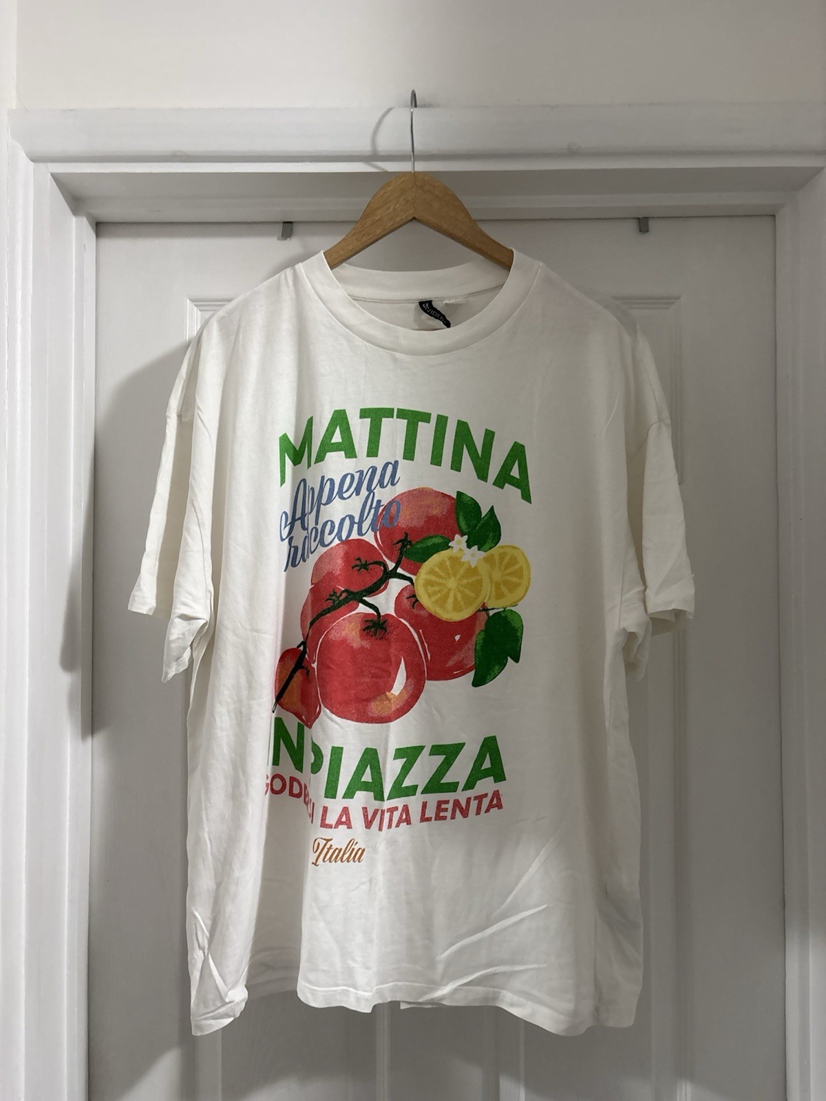 Women’s H&M White T Shirt Italian Fruit Print Size L 16-18 100% Cotton