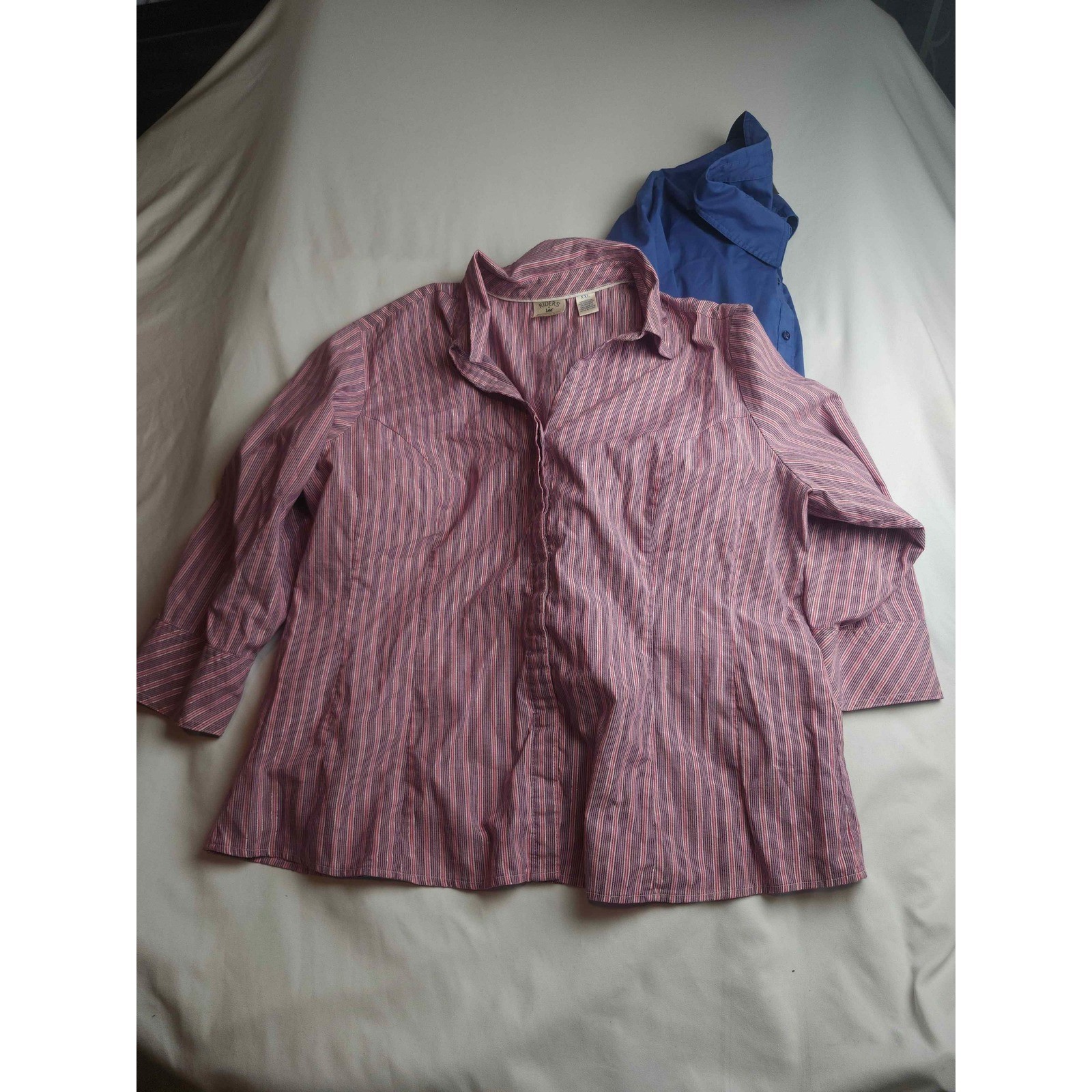 Riders by Lee Easy Care Button Down Shirt Bundle 2X XXL Blue Striped 3/4 Sleeve