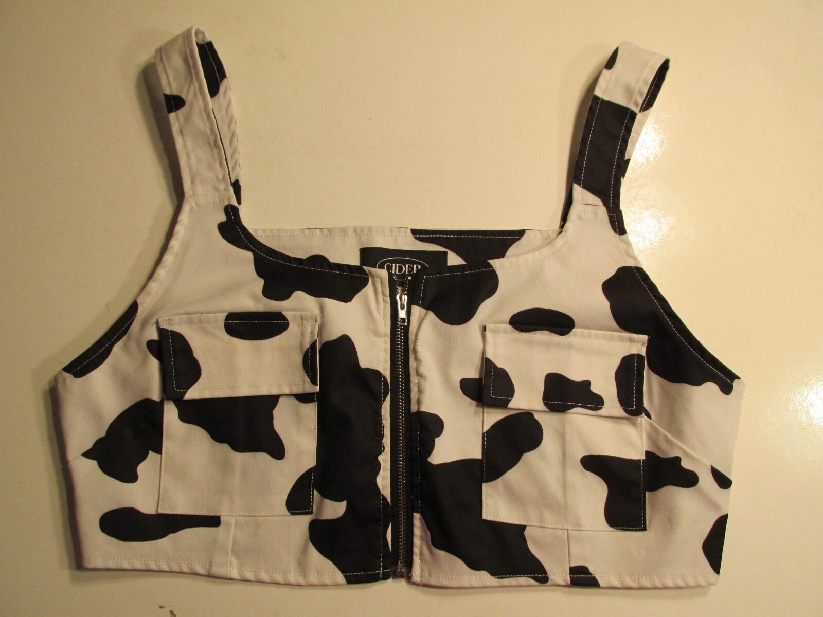 CIDER Halter Crop Top Women Size Large Black White Zip Front Pockets Cowgirl