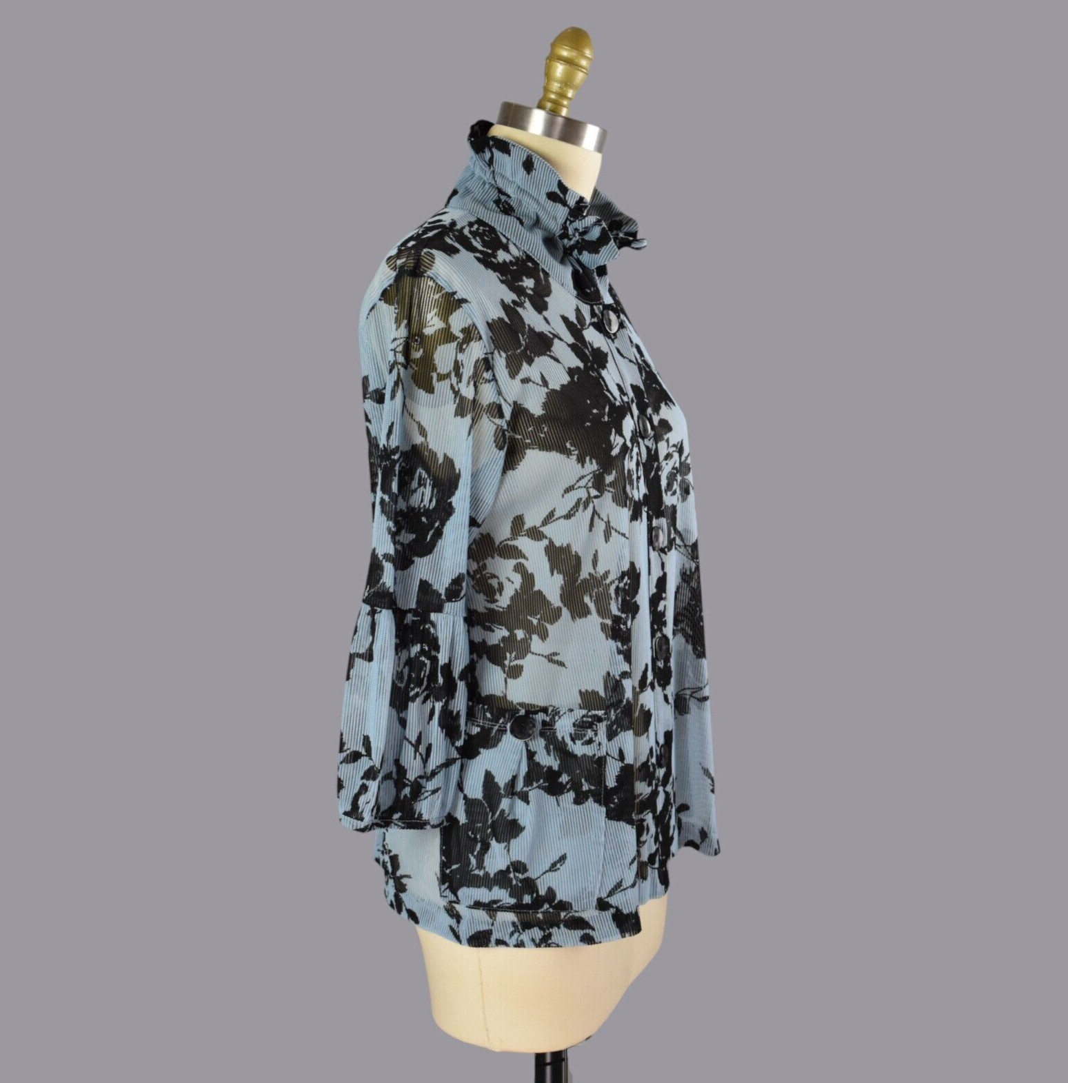 TERRA SJ Apparel Floral Wire Stand Up Ruffle Collar Blue Black Blouse Top Size M