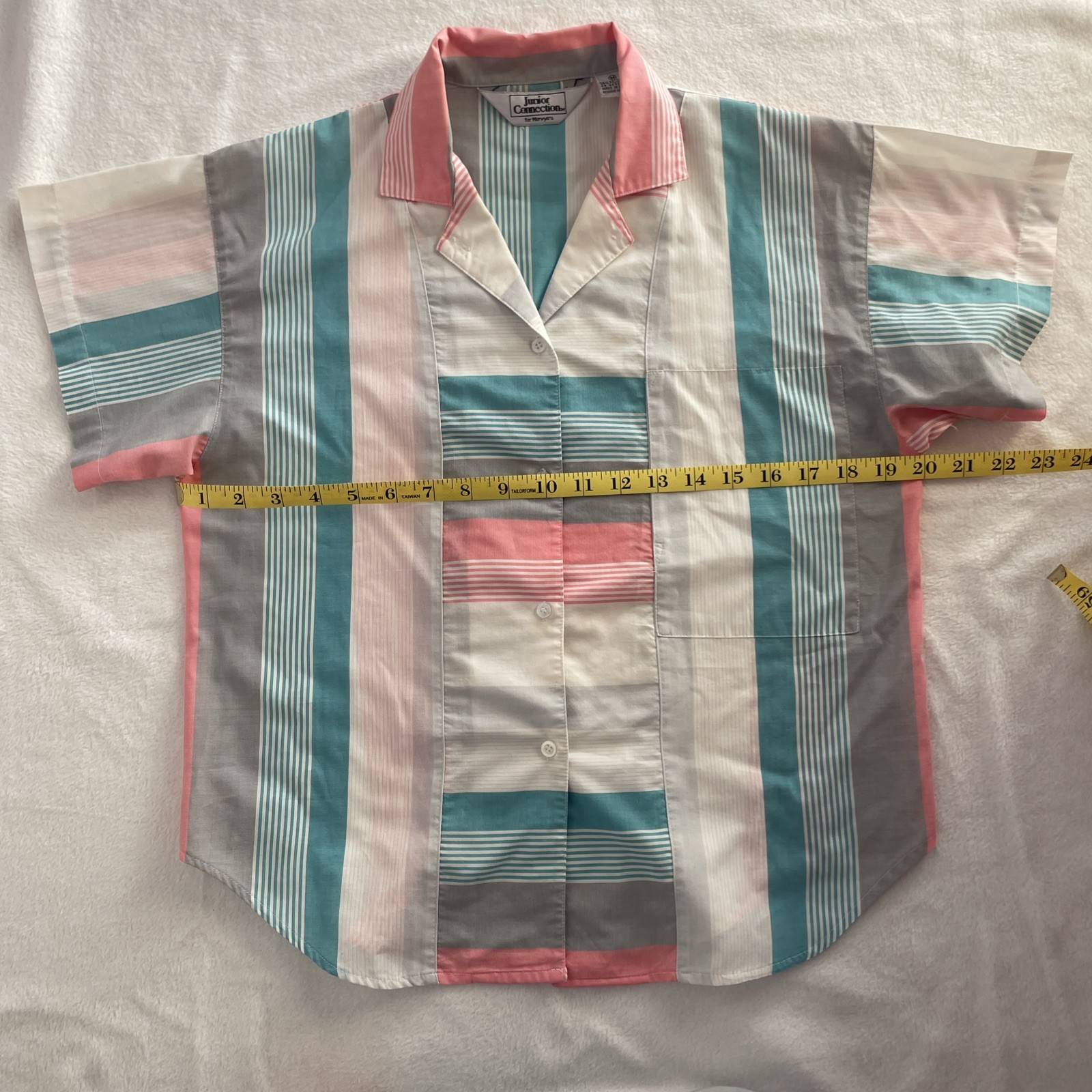 Vintage 90s Women’s Button Up M Teal Pink Grey Stripe Mervyn’s Junior Connection