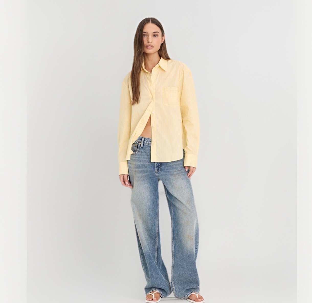 Good American Boxy Classic Poplin Shirt Striped Yellow- size 2 Medium $128 Euc