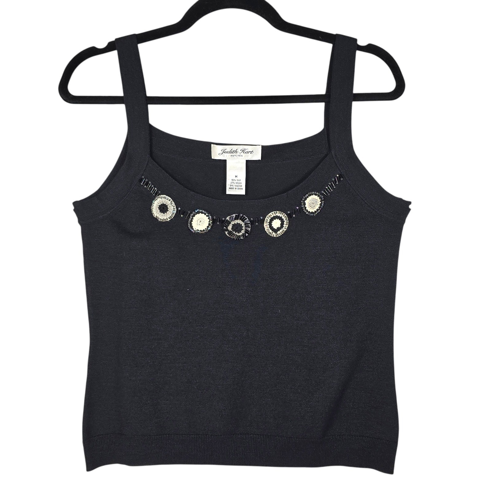 Judith Hart Petites Knit Tank Top Woman Medium Black Silk Blend Beaded Medallion