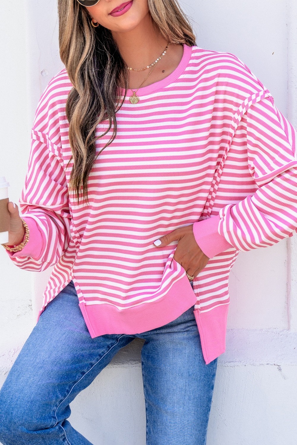 SYNZ Women’s Striped & Textured Knit Split Hem Long Sleeve Top, S to XL