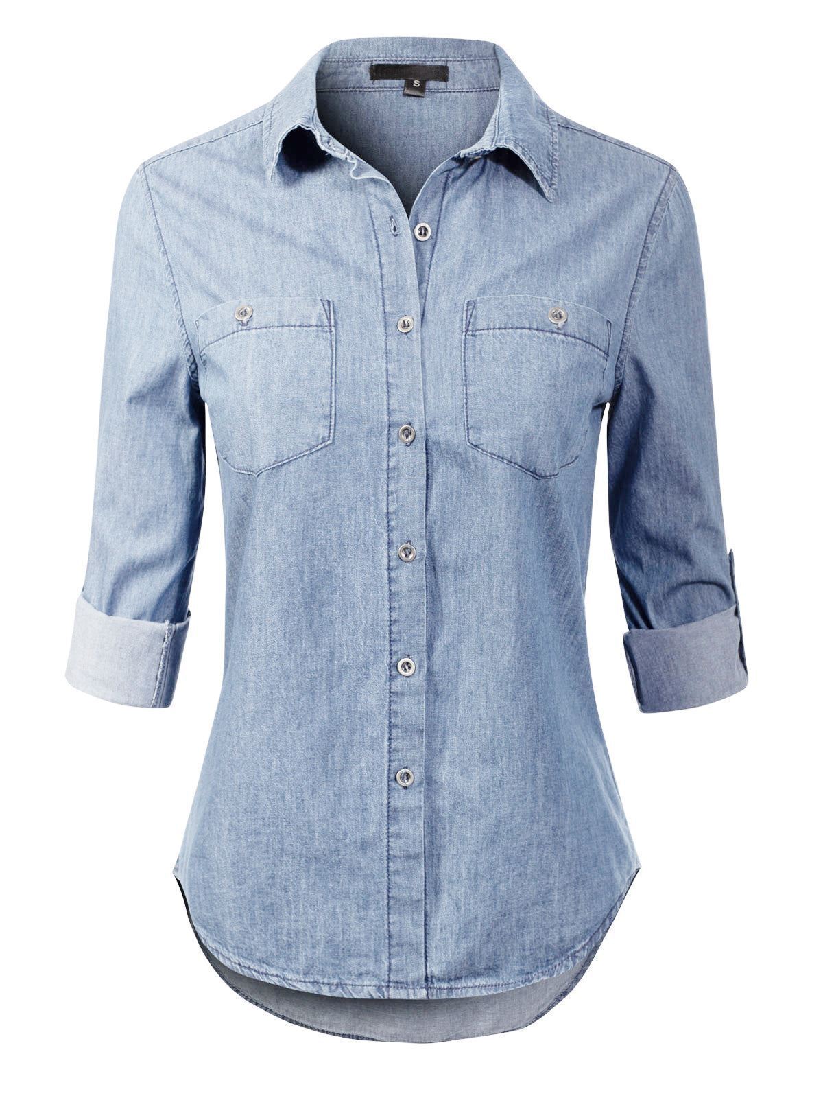 MixMatchy Basic Classic Roll up Sleeve Button Down Chambray Denim Shirt