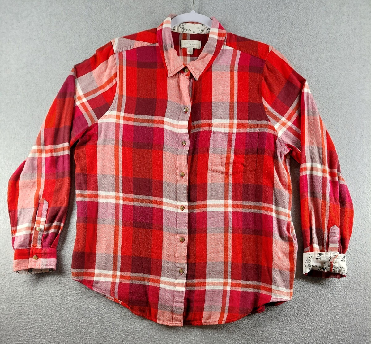 Lucky Brand Women’s Shirt Size L Red White Plaid Flip Cuff Button Up Long Sleeve