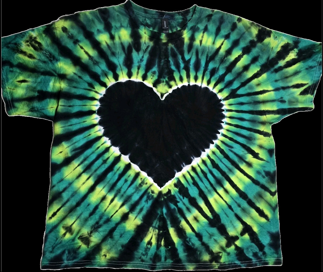 Adult Unisex Tie Dye Shirt Black Green Heart (On Front & Back). Made to Order
