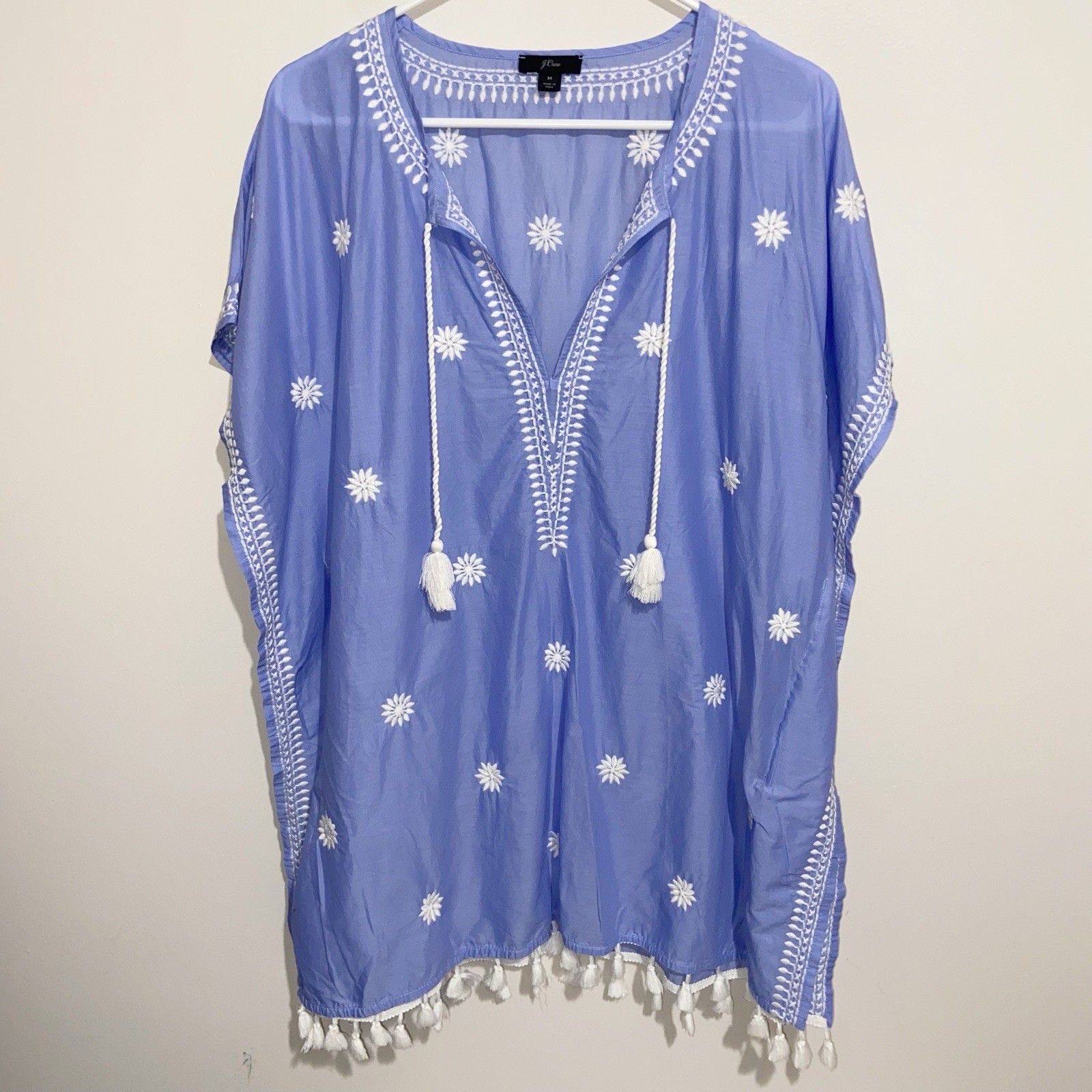J. Crew Top Womens Medium Embroidered Indian Cotton Beach Tunic Blue Boho Tassel