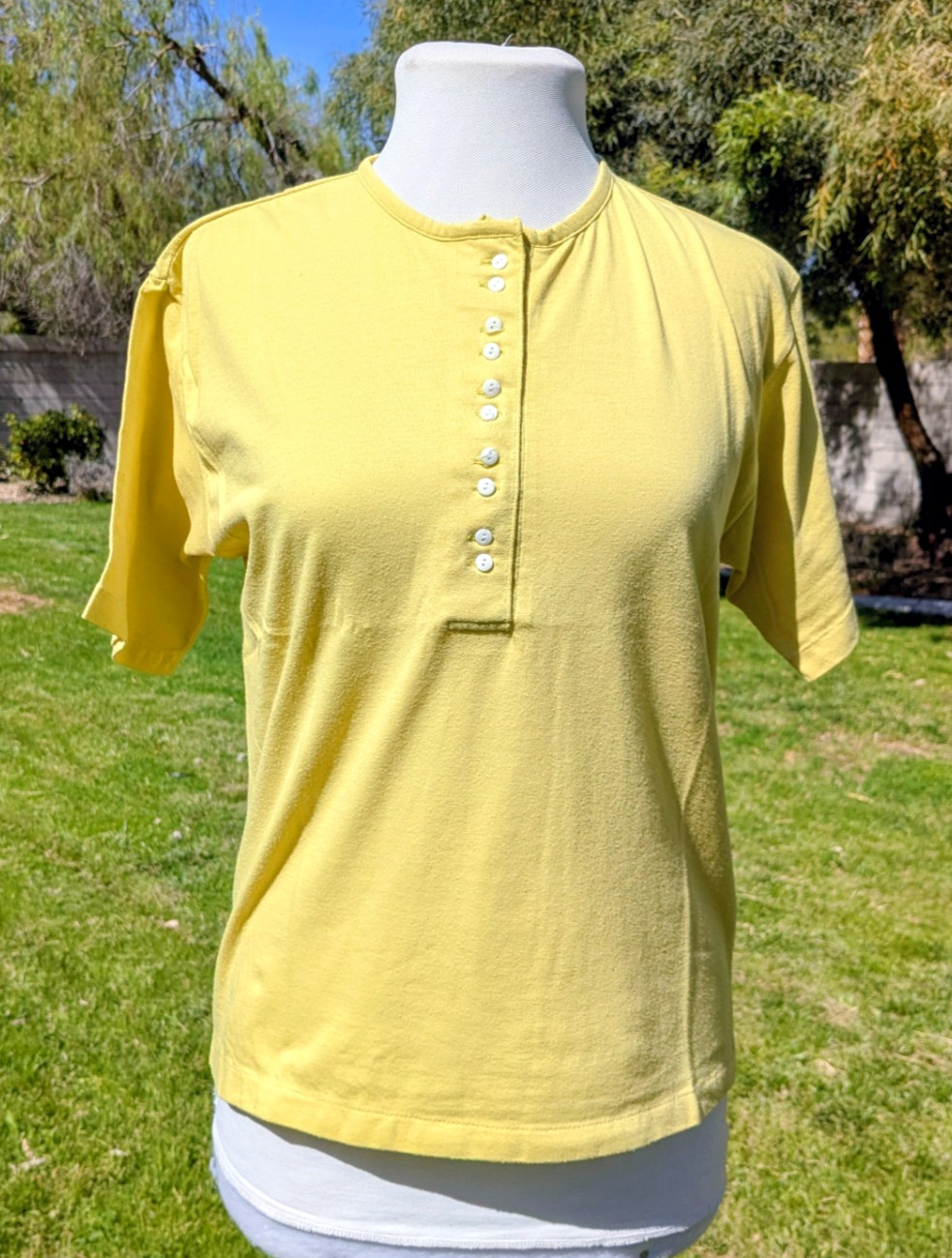 Korean Women’s Small Mustard Henley 10-Button Placket Normcore Shirt Top GUC