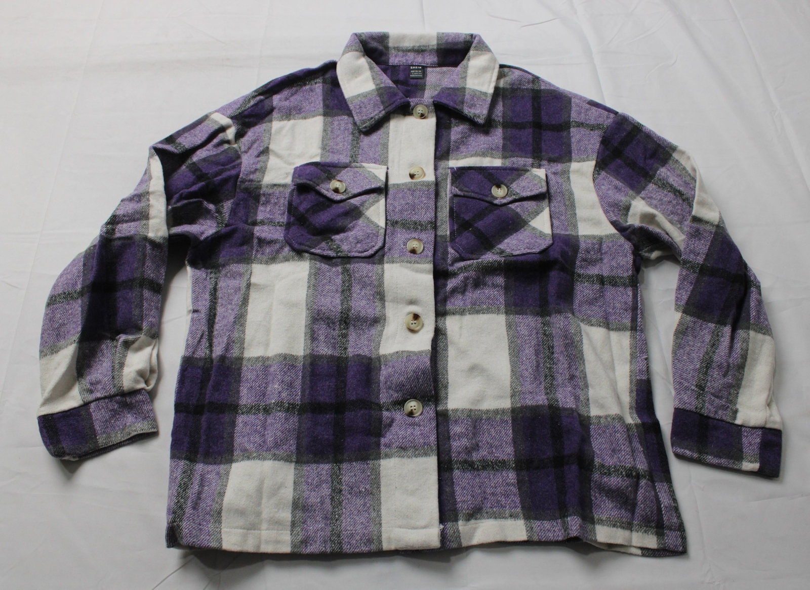 Shein Women’s Plaid Print Drop Shoulder Flap Pocket Shirt DM9 Purple Large