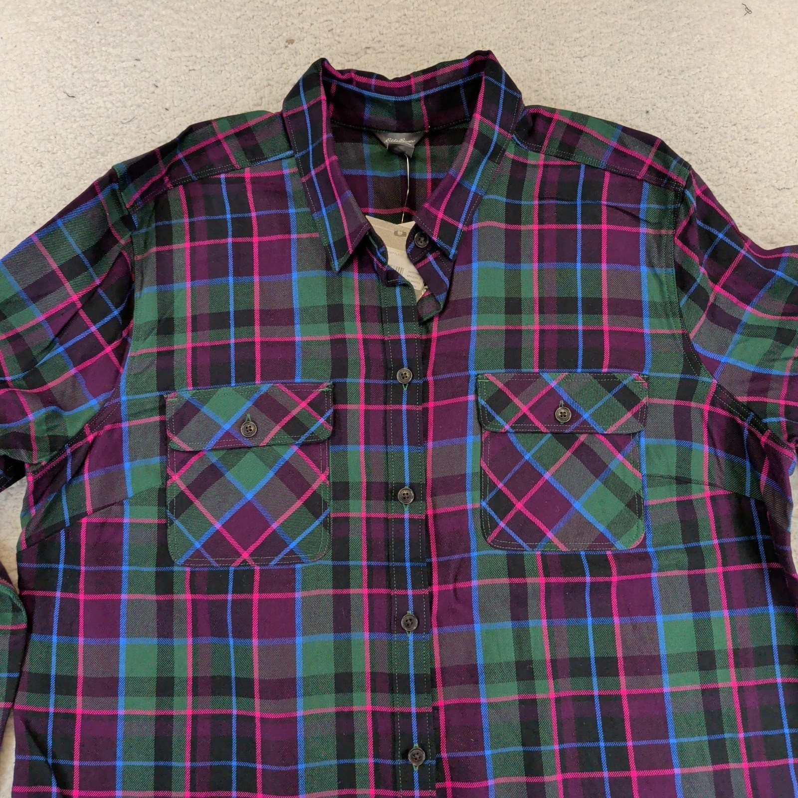Eddie Bauer Firelight Flannel Shirt XL Dark Pine Purple Green Plaid Tencel NEW