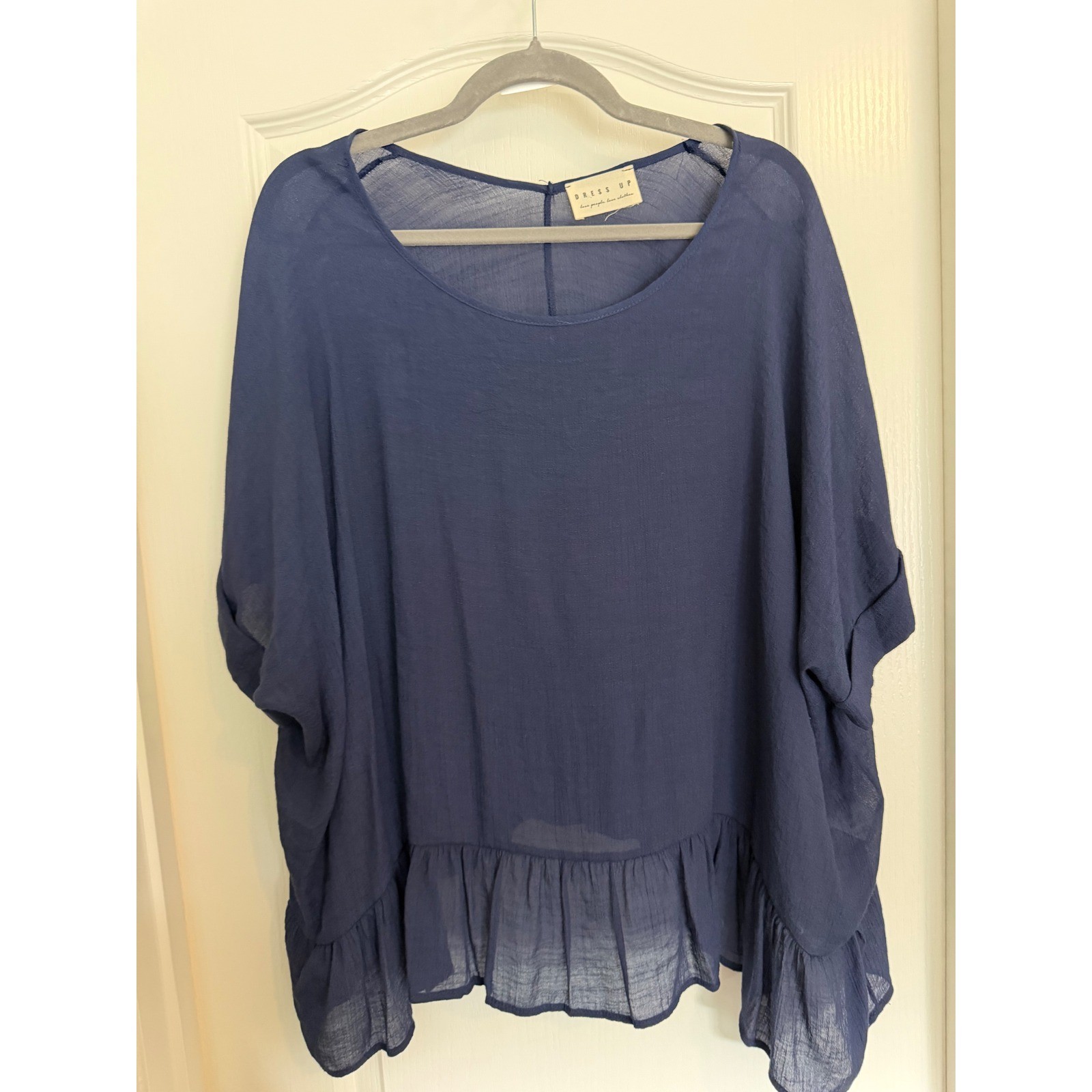 Dress Up Navy Blue Blouse Womens Oversized Ruffle Hem Sheer Gauze EXC S