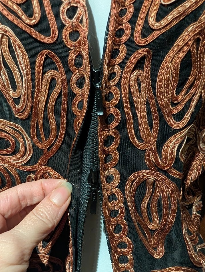 VTG Y2K SHEER MESH JACKET TOP black tie-dye brown soutache tapework 70s style 2A
