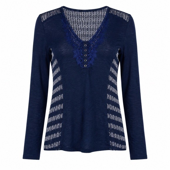 Miss ME Y2K Henley Top Women’s L Crochet Beaded Sheer Sparkling Navy Blue Silver