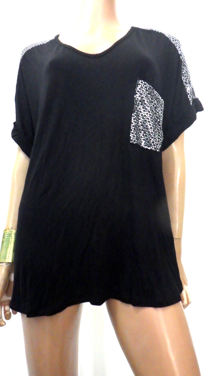 NWT COIN1804 PLUS SIZE 2X BLACK WITH SHIMMER ACCENTS S/S BLOUSE TOP BUST 56