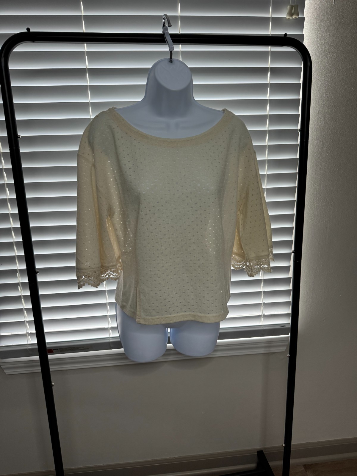 En Crème NWT Women’s [M] Cream Sheer Knit Top Lace Cuff Swiss Dot Blouse Swea
